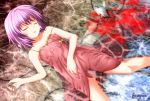  1girl bare_arms bare_shoulders blood broken broken_weapon closed_eyes collarbone impaled knife komeiji_satori lying nightgown off_shoulder on_back purple_hair solo touhou weapon yua_(checkmate) 