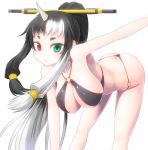  1girl asamura_hiori black_hair breasts character_request gradient_hair green_eyes heterochromia horn long_hair looking_at_viewer multicolored_hair phantasy_star phantasy_star_online_2 ponytail red_eyes simple_background smile solo sukuna_hime white_background white_hair 