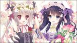  2girls :d animal_ears black_hair blue_eyes bouquet bow cat_ears flower flower_on_head hair_bow hair_ornament hair_ribbon hands_on_own_head holding long_hair multiple_girls open_mouth original rabbit_ears red_eyes ribbon rose shiwasu_horio silver_hair smile tagme twintails wrist_cuffs 