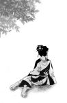  artist_request back barefoot black_hair earrings facing_away feet inuyasha japanese_clothes jewelry kagura_(inuyasha) kimono leaf monochrome pointy_ears sitting soles spread_toes tied_hair toes topknot tree 