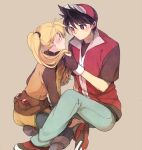  1boy 1girl baseball_cap black_hair blonde_hair blush boots brown_hair couple eye_contact fingerless_gloves gloves hand_in_hair hand_on_ankle hat long_hair looking_at_another poke_ball pokemon pokemon_special ponytail red_(pokemon) red_eyes simple_background sitting spiky_hair waist_poke_ball yellow_(pokemon) yui_ko 