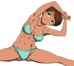  1girl bikini breasts brown_eyes brown_hair dark_skin earrings jewelry puge solo split stretch super_real_mahjong swimsuit toono_mizuki 