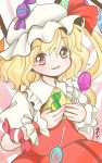  1girl ascot blonde_hair candy fang flandre_scarlet hands_on_own_chest hat hat_ribbon highres holding lollipop looking_at_viewer mob_cap parted_lips red_eyes ribbon side_ponytail signature smile touhou wings wrist_cuffs yuzuna99 