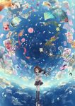  1girl absurdres afloat balloon bouquet brown_hair bubble cake carrying cup flower food green_eyes highres long_hair looking_at_viewer nononon original paper petals pleated_skirt reflection school_uniform skirt sky smile teacup teapot 
