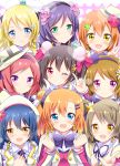  6+girls \m/ ayase_eli black_hair blonde_hair blue_eyes blush bow brown_hair clover double_bun earrings flower four-leaf_clover green_eyes grin hair_flower hair_ornament hair_rings hairband hairclip hat highres hoshizora_rin jewelry koizumi_hanayo kousaka_honoka long_hair looking_at_viewer love_live!_school_idol_project minami_kotori mini_top_hat multiple_girls nishikino_maki one_eye_closed open_mouth orange_hair purple_hair red_eyes redhead shinekalta short_hair side_ponytail smile sonoda_umi top_hat toujou_nozomi violet_eyes wink yazawa_nico yellow_eyes 