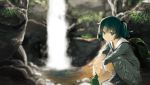  1girl animated animated_gif backpack bag blue_eyes blue_hair boots grass hair_bobbles hair_ornament hat hat_removed headwear_removed kawashiro_nitori kitsune_(kazenouta) kneeling looking_at_viewer moss rock short_hair smile solo touhou twintails ugoira water waterfall 