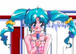  1girl adjusting_hair animahjong_x animated animated_gif aqua_hair artist_request blue_eyes character_request earrings jewelry long_hair looking_at_viewer lowres microphone pc98 sogna solo twintails 