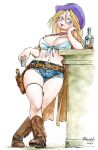  1girl absurdres alcohol bar blonde_hair blue_eyes blush boots breasts chin_rest cleavage cowboy_boots cowboy_hat crossed_legs cutoffs denim denim_shorts ellie_winslet full_body gun hat highres holster large_breasts long_coat long_hair midriff navel neckerchief original revolver short_hair shorts signature smile solo standing tied_shirt weapon western whiskey yabataso 