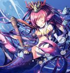  1girl blush bubble closed_eyes collarbone coral elbow_gloves fish gloves harp head_fins highres in_water instrument long_hair mermaid monster_girl navel open_mouth playing_instrument purple_hair puzzle_&amp;_dragons shadowsinking shell shell_bikini singing siren_(p&amp;d) smile 