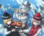  3girls blue_sky bow_(instrument) closed_eyes clouds hat ichiba_youichi instrument keyboard_(instrument) long_sleeves looking_at_viewer lunasa_prismriver lyrica_prismriver merlin_prismriver multiple_girls open_mouth orange_eyes playing_instrument shirt siblings sisters sky smile touhou trumpet vest violin white_shirt yellow_eyes 
