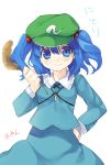  1girl akayan blue_eyes blue_hair cattail commentary_request hair_bobbles hair_ornament hand_on_hip hat highres kawashiro_nitori key looking_at_viewer plant touhou twintails white_background 
