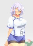 1girl alternate_costume bike_shorts bike_shorts_under_shorts blush breasts closed_eyes hair_ornament highres kokka_han large_breasts lavender_hair letty_whiterock short_hair shorts simple_background solo sportswear touhou volleyball volleyball_uniform 