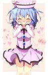  1girl ^_^ blue_hair blush closed_eyes hands_on_own_cheeks hands_on_own_face hat heart merlin_prismriver sala_mander short_hair slime solo touhou wavy_mouth 