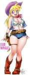  1girl blonde_hair blue_eyes blush boots breasts cleavage cowboy_boots cowboy_hat cutoffs denim denim_shorts ellie_winslet full_body gun hat highres holster large_breasts long_hair midriff navel neckerchief original pistol revolver shorts smile solo standing thigh_gap tied_shirt vest weapon western yabataso 