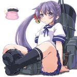  1girl admiral_(kantai_collection) akebono_(kantai_collection) bell black_legwear blush dd_(ijigendd) feet from_below hair_bell hair_ornament kantai_collection kneehighs looking_at_viewer panties pantyshot pink_panties pleated_skirt poop pout pouty_lips pun purple_hair ribbon school_uniform serafuku side_ponytail skirt solo too_literal underwear violet_eyes white_background 