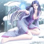  1girl artist_request barefoot character_request eyeliner facial_mark feet japanese_clothes kimono long_hair makeup purple_hair sitting snow snowflakes snowing toenail_polish toes wind yellow_eyes 