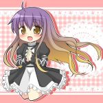  1girl ahoge blush border checkered checkered_background chibi doily gradient_hair hands_together high_collar highres hijiri_byakuren lace_border layered_dress legs_folded long_hair long_sleeves looking_at_viewer multicolored_hair open_mouth shadow shinshiusa solo touhou yellow_eyes 