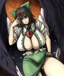  1girl bird_wings bow breasts brown_hair cape cleavage cleavage_cutout curvy embarrassed green_skirt hair_bow hand_on_head hand_on_thigh hanemikakko huge_breasts long_hair plump red_eyes reiuji_utsuho shirt skirt skirt_lift sleeves_rolled_up smile solo sweatdrop thick_thighs thighs third_eye touhou wings 