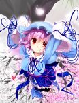  1girl arm_ribbon blue_dress breasts cherry_blossoms dress from_above hands_up hat large_breasts long_sleeves looking_at_viewer parted_lips petals purple_hair red_eyes ribbon ribbon-trimmed_collar ribbon_trim saigyouji_yuyuko sala_mander sash solo tears touhou tree wide_sleeves 
