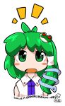  1girl :o blush_stickers byourou chibi dated frog frog_hair_ornament green_eyes green_hair hair_ornament kochiya_sanae long_hair looking_at_viewer open_mouth simple_background snake snake_hair_ornament solo touhou white_background 
