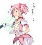  &gt;_&lt; blush bow breasts cleavage closed_eyes collarbone dress dress_tug gloves hair_bow kaname_madoka magical_girl mahou_shoujo_madoka_magica miki_sayaka out_of_frame pink_hair short_twintails soul_gem sweatdrop twintails yoplait 