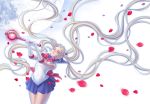  1girl bishoujo_senshi_sailor_moon blonde_hair blue_skirt bow brooch closed_eyes cutie_moon_rod double_bun eclosion elbow_gloves gloves hair_ornament hairpin highres jewelry long_hair petals pleated_skirt ribbon sailor_collar sailor_moon skirt solo tsukino_usagi twintails very_long_hair wand white_gloves 