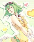  1girl bare_shoulders closed_eyes goggles goggles_on_head green_hair gumi heart mahenbu open_mouth skirt smile solo spoken_heart vest vocaloid wrist_cuffs 