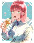  1girl :o bangs blue_background blunt_bangs breasts cup disposable_cup flipped_hair frilled_shirt_collar frills green_eyes hand_up highres holding holding_cup katori_youko long_sleeves looking_at_viewer open_mouth outside_border pink_nails redhead short_hair sirasu_ko small_breasts solo star_(symbol) unfinished upper_body world_trigger 