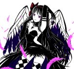  1girl akemi_homura akuma_homura argyle argyle_legwear bare_shoulders black_gloves black_hair bow choker dark_orb_(madoka_magica) dress elbow_gloves feathered_wings gloves hair_bow long_hair looking_at_viewer mahou_shoujo_madoka_magica mahou_shoujo_madoka_magica_movie nio_(jacky19921205) simple_background smile solo spoilers thigh-highs very_long_hair violet_eyes white_background wings zettai_ryouiki 