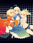  3girls :d ahoge bare_shoulders barefoot belt blonde_hair blush breasts checkered checkered_background cleavage cleavage_cutout denim denim_shorts dress epaulettes fate/apocrypha fate/extra fate/stay_night fate_(series) green_eyes hair_ribbon hug jewelry juliet_sleeves long_sleeves midriff multiple_girls navel necklace nichiru open_mouth ponytail puffy_sleeves ribbon saber saber_extra saber_of_red shorts sitting smile tubetop 