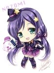  1girl ahoge blush_stickers bowtie chibi hair_ribbon hat long_hair looking_at_viewer love_live!_school_idol_project low_twintails open_mouth purple_hair ribbon sakurano_tsuyu skirt smile solo star top_hat toujou_nozomi twintails very_long_hair witch_hat 