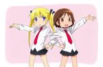  2girls :d blonde_hair brown_eyes brown_hair kill_me_baby locked_arms multiple_girls necktie open_mouth oribe_yasuna school_uniform short_hair skirt smile sonya_(kill_me_baby) twintails violet_eyes yoplait 