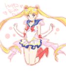  1girl bishoujo_senshi_sailor_moon blonde_hair blue_eyes boots bow brooch choker double_bun elbow_gloves gloves hair_ornament hairpin happy_birthday jewelry jumping knee_boots long_hair magical_girl pleated_skirt ribbon sailor_collar sailor_moon sketch skirt smile solo super_sailor_moon tiara tktn tsukino_usagi twintails white_background white_gloves 