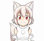  1girl :d animal_ears bare_shoulders blush breasts closed_eyes detached_sleeves elu_butyo hat hat_removed head_tilt headwear_removed inubashiri_momiji looking_at_viewer no_hat open_mouth pom_pom_(clothes) red_eyes short_hair silver_hair simple_background smile solo tail touhou ugoira white_background wolf_ears wolf_tail 
