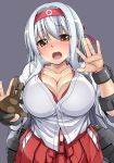  1girl against_glass blush breast_press breasts brown_eyes cleavage hairband hebata japanese_clothes kantai_collection large_breasts long_hair looking_at_viewer open_mouth revision shoukaku_(kantai_collection) silver_hair single_glove skirt solo yugake 