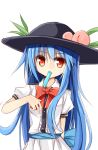  1girl blue_hair food fruit hat hinanawi_tenshi long_hair mouth_hold peach popsicle red_eyes solo sweat touhou very_long_hair white_background yuuhagi_(amaretto-no-natsu) 