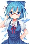 1girl adjusting_glasses bespectacled blue_dress blue_eyes blue_hair bow cirno commentary_request dress glasses hair_bow ice ice_wings kurumi_(69a4y) looking_at_viewer puffy_short_sleeves puffy_sleeves red-framed_glasses shirt short_sleeves simple_background smile solo touhou white_background wings 