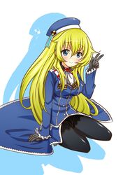  1girl alternate_costume arm_support atago_(kantai_collection) atago_(kantai_collection)_(cosplay) beret black_legwear blonde_hair blue_dress blue_eyes blush breasts carpaccio cosplay dress girls_und_panzer gloves hat kantai_collection long_hair long_sleeves looking_at_viewer pantyhose sae_(saearito03) sitting smile solo v white_background yokozuwari 