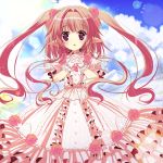  1girl flower flower_on_head hair_ornament hands_clasped light_particles lolita_fashion long_hair original parted_lips pink_hair pointy_ears rose shiwasu_horio sky solo tagme twintails violet_eyes 