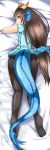  1girl black_legwear blue_dress blue_eyes blush boots_removed china_dress chinese_clothes dakimakura denis053 dragon_girl dragon_horns dragon_tail dress grey_hair head_fins horns karin_(p&amp;d) long_hair looking_at_viewer looking_back low-tied_long_hair lying no_shoes on_stomach pantyhose puzzle_&amp;_dragons sample scales shoes_removed short_sleeves smile solo tail text 