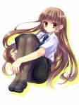  1girl brown_eyes brown_hair dear drop_shadow fetal_position highres long_hair necktie pantyhose purino_harwell solo totsuka_(kapadaizin) 