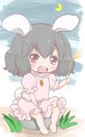  1girl :d animal_ears black_hair bunny_tail chibi highres holding inaba_tewi looking_at_viewer night open_mouth rabbit_ears red_eyes short_hair sitting sketch smile solo stone sunken_cheeks tail touhou yuzuna99 