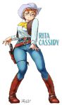  1girl belt boots breasts character_name cowboy_boots cowboy_hat denim full_body green_eyes gun hat holster jeans neckerchief orange_hair original pistol revolver rita_cassidy short_hair solo spurs vest weapon western yabataso 