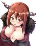  1girl auburn_hair blush breast_hold breast_pinch breasts cleavage collarbone crossed_arms curvy d: fake_horns female fur_trim horns huge_breasts long_dress long_hair long_sleeves maou_(maoyuu) maoyuu_maou_yuusha open_mouth red_eyes solo tonky 