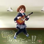  1girl :d black_legwear blush brown_eyes brown_hair electric_guitar formal guitar hair_ornament hairclip highres hirasawa_yui instrument jumping k-on! k-on!_movie legs long_sleeves mary_janes miniskirt open_mouth pantyhose plump ribbon shoes skirt smile solo suit tonky 