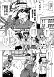  6+girls absurdres akebono_(kantai_collection) closed_eyes comic crescent_moon cup fang flat_cap folded_ponytail fumizuki_(kantai_collection) hat hibiki_(kantai_collection) highres inazuma_(kantai_collection) kantai_collection long_hair monochrome moon multiple_girls mutsuki_(kantai_collection) nagatsuki_(kantai_collection) opening_door pantyhose revision ryuujou_(kantai_collection) school_uniform short_hair side_ponytail sweat table teacup towel translated ushio_(kantai_collection) visor_cap zepher_(makegumi_club) 