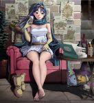  1girl bare_shoulders blue_hair brown_eyes dragon_quest elbow_gloves gloves highres long_hair pao_(otomogohan) sitting solo 