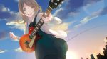  1girl :d brown_eyes brown_hair dutch_angle guitar instrument koyubi_right light_particles open_mouth original playing_instrument pleated_skirt school_uniform skirt smile solo twilight 