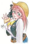  1girl absurdres belt blush breasts bust cowboy_hat green_eyes gun hat head_tilt highres holster large_breasts lily_camberland long_hair looking_at_viewer neckerchief original pink_hair pistol revolver sheriff sheriff_badge sideboob solo vest weapon western yabataso 