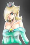  1girl blonde_hair blue_eyes breasts cleavage copyright_request crown dress earrings jewelry looking_to_the_side monochrome_background rosalina_(mario) sketch xpisigma 